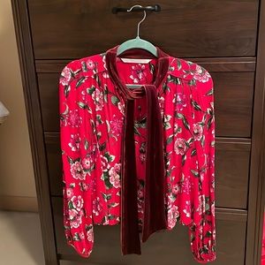 ZARA red floral blouse with velvet tie front detail
